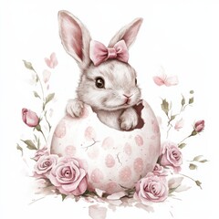 Adorable baby rabbit with a pink bow emerging from a cracked pastel pink eggshell surrounded by soft roses and delicate foliage on a white background, concept of children's products, greeting cards