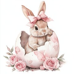 Adorable baby rabbit with a pink bow emerging from a cracked pastel pink eggshell surrounded by soft roses and delicate foliage on a white background, concept of children's products, greeting cards