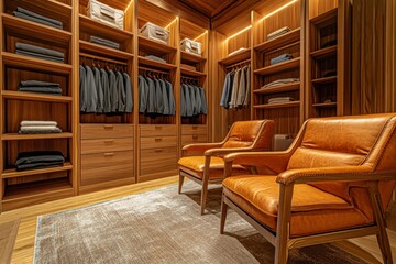 Fototapeta premium Modern walk-in closet featuring stylish leather chairs and wooden shelves