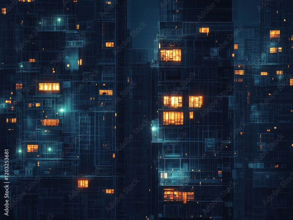 Poster urban nightscape with illuminated windows and abstract gridlines in a futuristic cityscape highlight