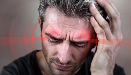 Obraz premium Man's Intense Headache: A Close-Up, Somber Portrait