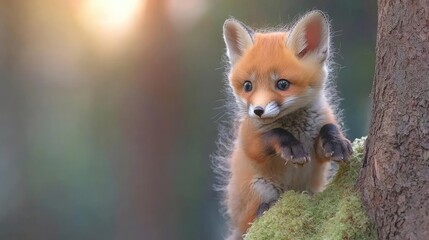 Obraz premium Cute red fox kit climbing a tree in forest at sunset; wildlife nature photo for children's books