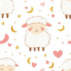 Naklejka premium Cute sheep design with pastel colors, hearts, and stars for kids' decor