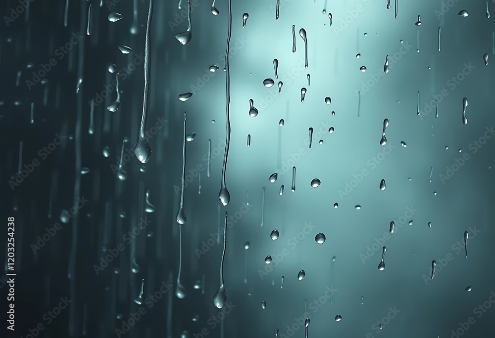 Poster rain drops on a windowpane in soft teal hues. close-up view of rain drops cascading down a window pa
