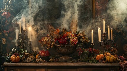 Autumnal still life with candles, flowers, pumpkins, and smoke.