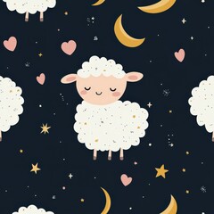 Cute sheep surrounded by moons and stars in dark night sky pattern