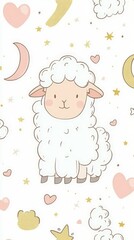 Naklejka premium Cute cartoon sheep with hearts and stars on soft background