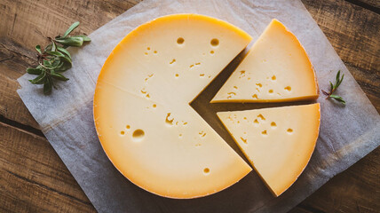 Delicious Cheese Wheel Slices  Rustic Wooden Background  Dairy Product  Food Photography