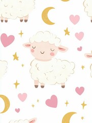 Naklejka premium Cute cartoon sheep pattern with stars, hearts, and moons in pastel colors