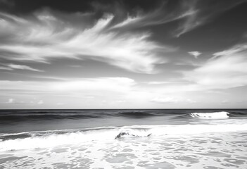 Serene Black and White Beachscape with Dramatic Clouds. A tranquil black and white seascape featuring a dramatic sky filled with textured clouds