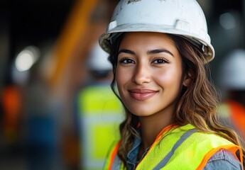 Young Female Construction Worker Wearing Hard Hat and Safety Vest Smiling at Construction Site with Colleagues in Background