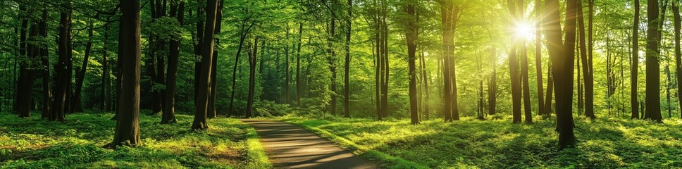 Fototapeta premium Sunlit Forest Path: A picturesque path winds through a lush, sun-dappled forest, sunlight streaming through the trees creating a magical atmosphere. 