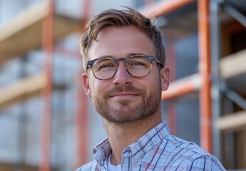 Fototapeta premium Young man with glasses smiling confidently, standing in front of a construction site, showcasing a positive attitude and casual style in a vibrant urban environment.