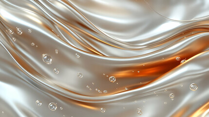 Liquid silk flowing, bubbles, gold highlights, abstract background, cosmetic ad