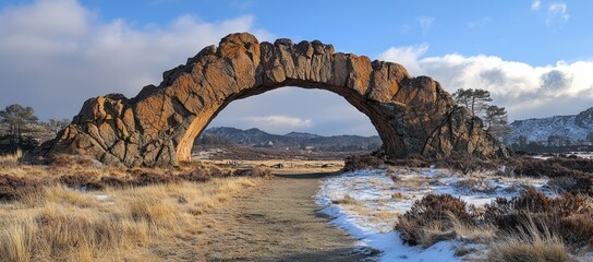 Fototapeta premium Stone arch landscape, winter path, mountain view, travel photo
