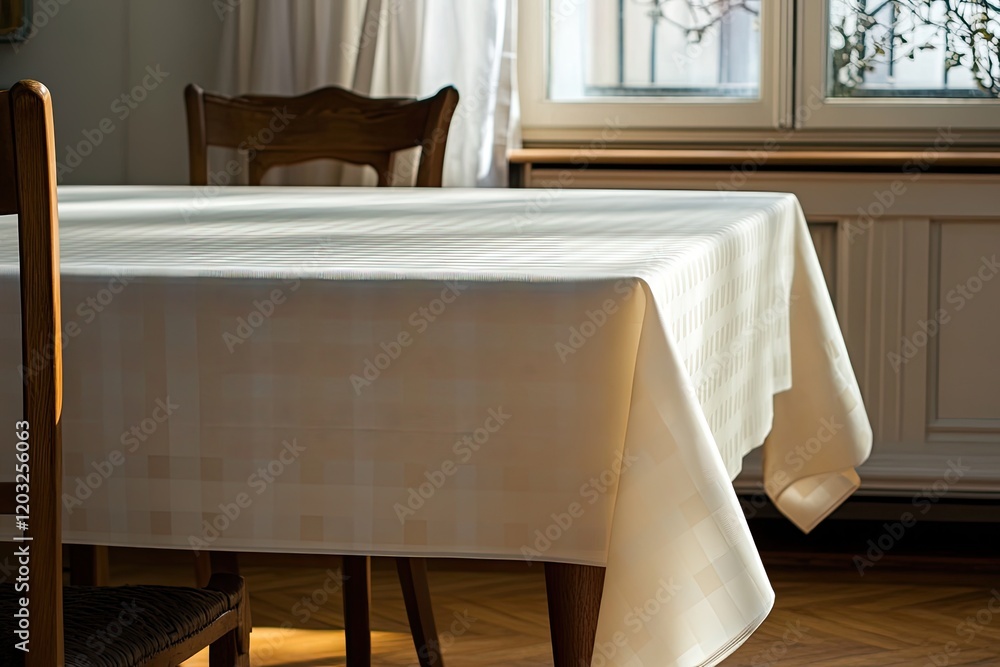 Poster soft sunlight streams through window, illuminating simple dining