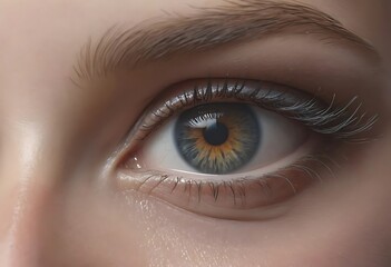 Fototapeta premium Close-up of a beautiful eye with hazel-blue tones. A close-up image of a human eye showcasing a captivating hazel-blue color