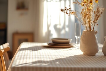 Warm sunlight filters through, casting soft shadows on cozy dini
