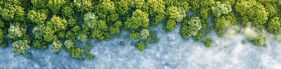 Aerial View of Lush Green Forest: A breathtaking aerial shot captures a vibrant green forest meeting a serene, misty expanse.