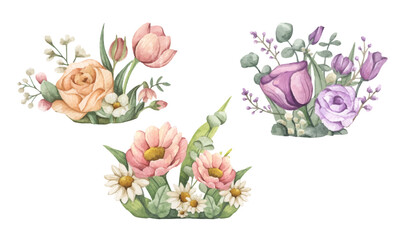 Watercolor floral bouquet set for wedding, stationery, invitations, cards.