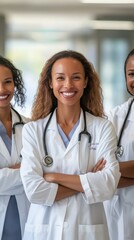 Fototapeta premium Diverse group of female doctors smiling in a modern medical facility