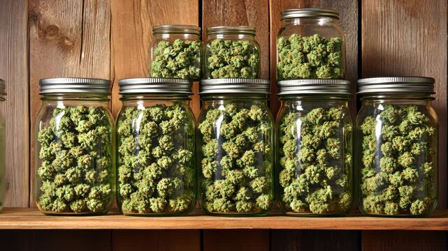 Freshly harvested cannabis buds stored in glass jars on a wooden shelf in an indoor cultivation facility
