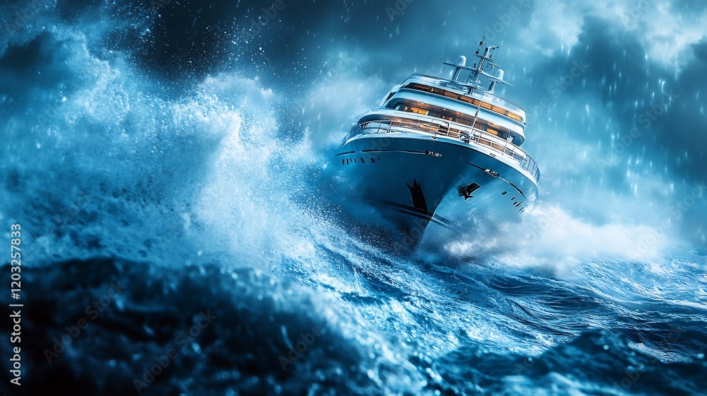Poster dynamic scene of a ship slicing through the vibrant blue sea leaving a foamy trace in its wake with 