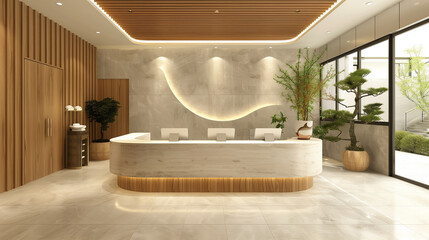Modern reception area featuring a curved marble desk, wooden accents, and lush greenery in an inviting space