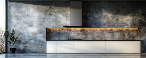 Modern kitchen, concrete wall, window view, design