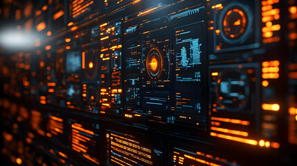 Futuristic digital interface with glowing orange and blue elements. Abstract technological background with complex data visualization.
