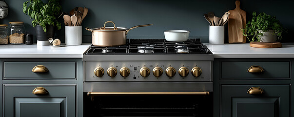 Copper pot on gas stove, modern kitchen