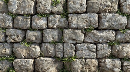 Naklejka premium Stone wall texture, plants growing in cracks, outdoor setting, background for design