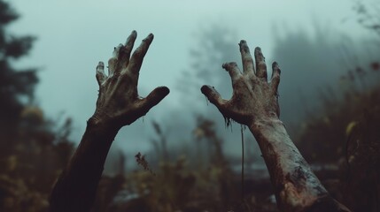 Dark and ominous landscape with zombie hands reaching up to the foggy sky, perfect for horror or thriller movie posters or book covers