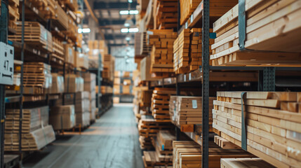Fototapeta premium A well-organized wood storage area showcasing neatly stacked wooden planks in a warehouse environment