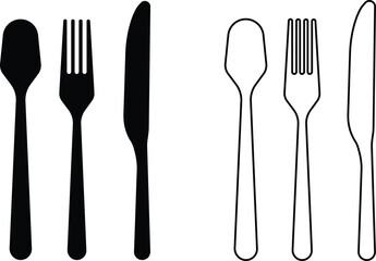 Cutlery icon set. Place Setting Paper Plate, Plastic Fork, Spoon, Knife black line and flat vector collection isolated on transparent background. Utensils meal crockery symbol for food and app