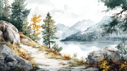 Serene lakeside view with autumn foliage and mountain backdrop