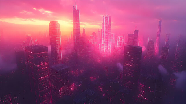 Futuristic City at Sunset: Pink and Purple Neon Lights Glowing Over Skyscrapers