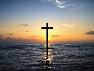 christian cross arise in the middle of calm ocean, cross standing at sea, symbolizing patience, peace, and faith wallpaper