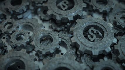 The Dollar Symbol and Metal Gear for Business Concept 3D rendering.