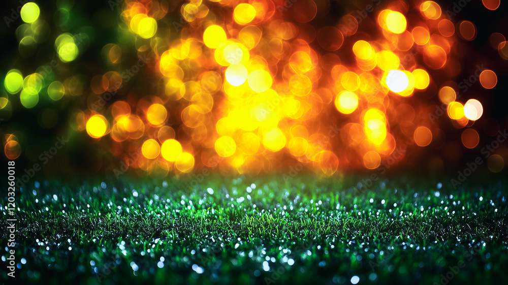 Poster sparkling green glitter with bokeh lights: a dazzling green glitter surface shimmers under the warm 