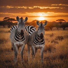 Naklejka premium A pair of zebras standing in a savanna with a bright orange sunset.