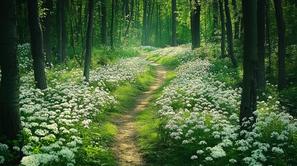 Obraz premium A scenic hiking trail through fresh green woods with blooming wildflowers along the path.