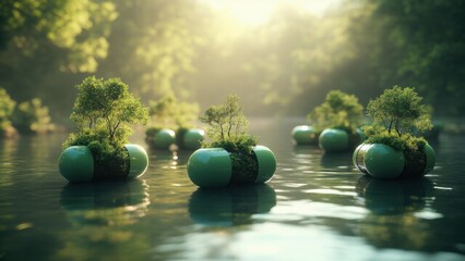 Capsules float on water, sprouting plants to form thriving floating islands. A vision of nature's innovation and restoration of aquatic ecosystems