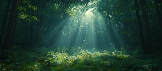 Obraz premium Sunbeams in mystical forest, green foliage, nature background, serenity