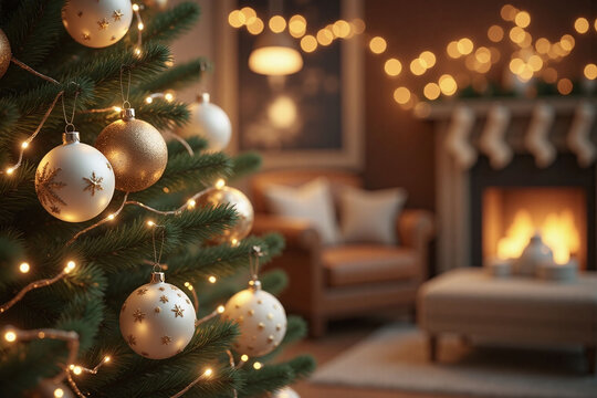 beautifully decorated Christmas tree with white cream ornaments string lights