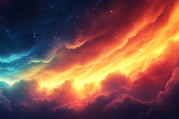 Fototapeta premium Celestial Cloudscape: Fiery and Blue Nebula Dreamscape
