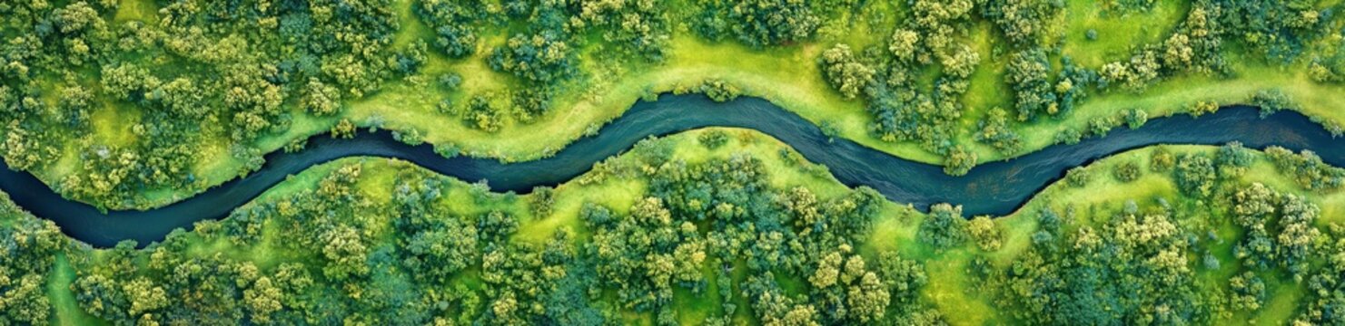 Aerial View of a River: A meandering river carves through a verdant forest, showcasing the breathtaking beauty and tranquility of nature's intricate design. Seen from a bird's eye perspective.
