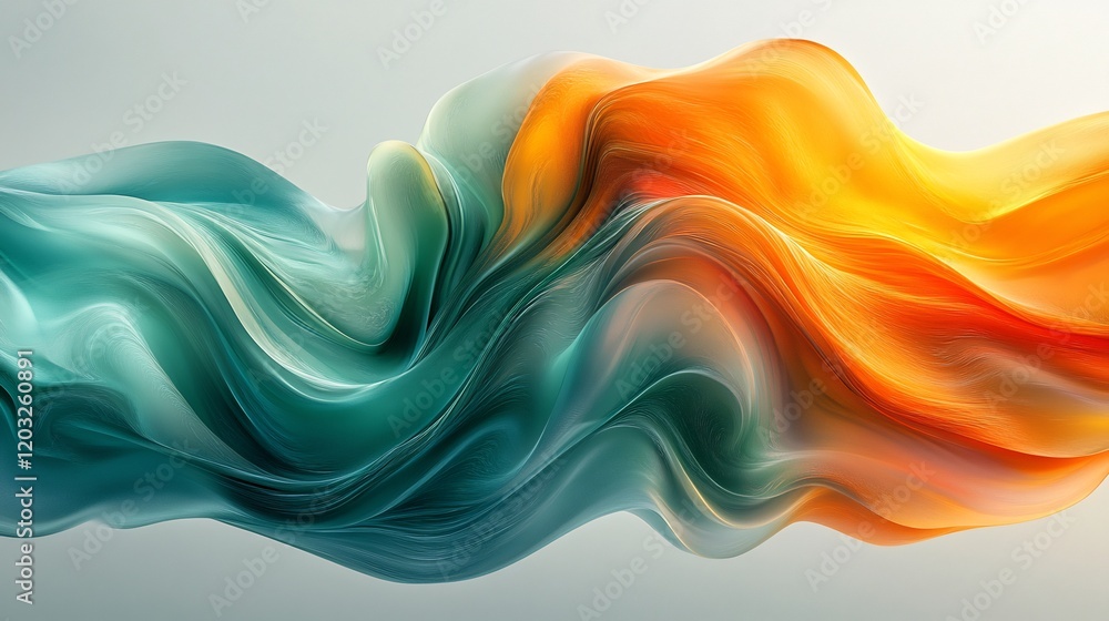 Poster dynamic swirl of green and orange flowing curves blending in soft fluid lines with smooth gradient c