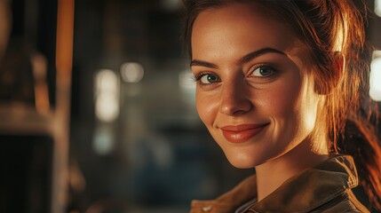 Smiling Female Welder in Industrial Factory Setting, ideal for manufacturing and industry related concepts