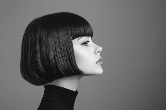Elegant black and white photo showcasing a young woman in profile, emphasizing her sleek bob haircut and classic features.